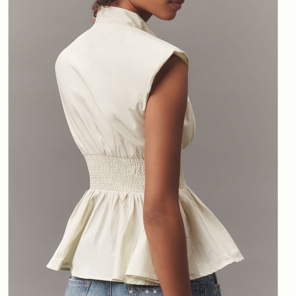 Anthropologie Tommie Cap-Sleeve Smocked Front Zip Blouse NEW Small Green Mint - Picture 3 of 13